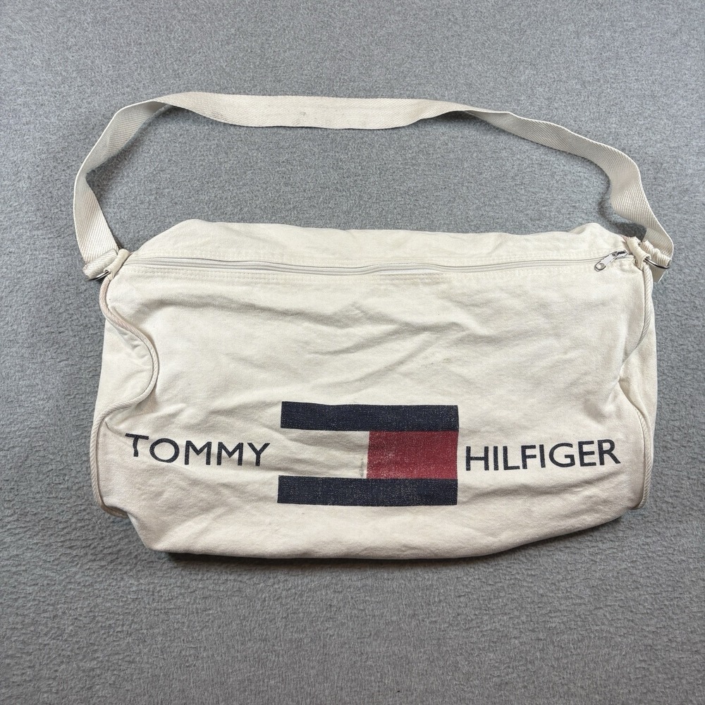 Vintage 90s Tommy Hilfiger Canvas Duffle Bag Big Flag Logo Shoulder Crossbody